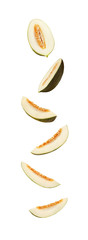Set of some sugary green tendral melon slices, isolated on white background with copy space for text or images. Side view. Close-up shot.