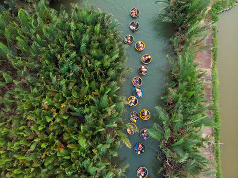 Aerial view of tourists at Coconut boats of Cam Thanh in Hoi An, Vietnam.