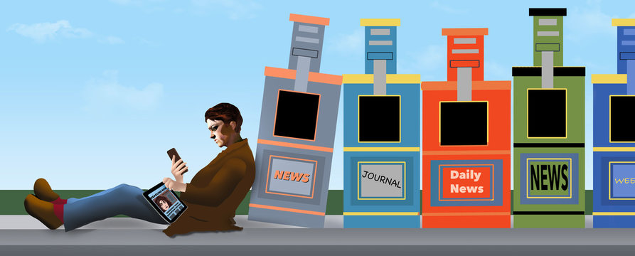 A person reads news on a cell phone and tablet as they lean against empty newspaper boxes. Theme is about changes in the delivery of news.