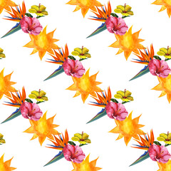 Watercolor sun and tropical exotic seamless pattern. Hand Drawn flowers illustration