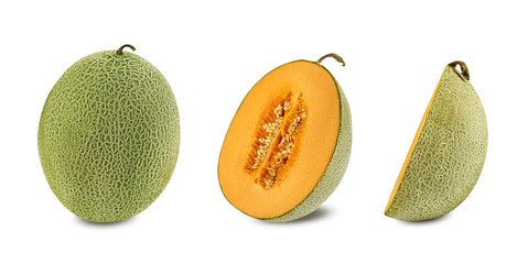 Delicious cantaloupe melon in a cross-section, isolated on white background with copy space for text or images. Side view. Close-up shot.