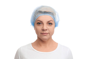 Mature woman with double chin on white background