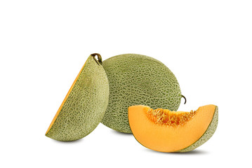 Delicious cantaloupe melon in a cross-section, isolated on white background with copy space for text or images. Side view. Close-up shot.