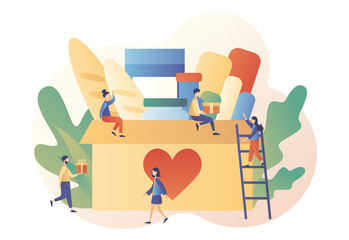 Obraz premium Donation and volunteers work concept. Tiny people collecting goods for charity into huge donation box. Modern flat cartoon style. Vector illustration