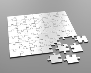 Solving jigsaw puzzle. 7x7 pieces puzzle mockup. 3d illustration