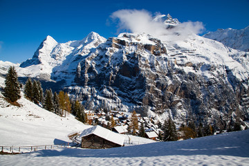 Fototapeta na wymiar idyllic Swiss village Murren in the mountains in winter