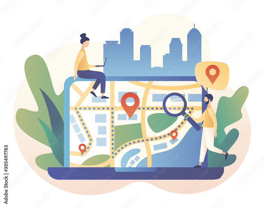 Wall mural gps navigation concept. tiny people search on location. online map. we have moved. modern flat carto