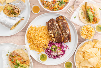 Vegetarian Mexican food. Veggie tacos, rice bowls, and enchiladas. 