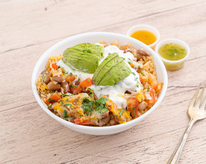 Vegetarian Mexican food. Veggie tacos, rice bowls, and enchiladas. 