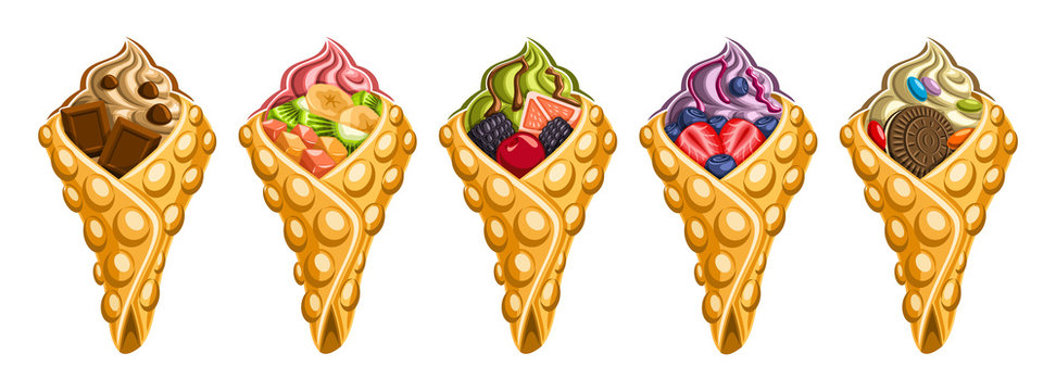 Vector set of Hong Kong Waffles, 5 cut out illustration of delicious bubble waffles on white background, collection of asian ice creams in waffle cones stuffed fruits ingredients for street cafe menu.