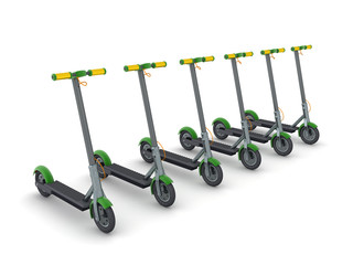 3D Rendering of many green scooters