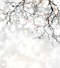 Black tree branches without leaves on bright silver glitter background. Garland lights decorated festive illustration. Shimmer pattern.