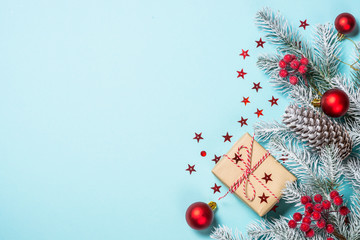 Christmas flat lay background on blue.