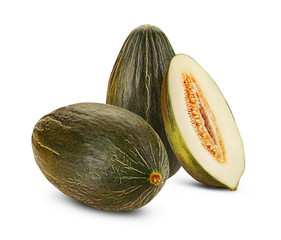 Delicious green tendral melon in cross-section, isolated on white background with copy space for text or images. Side view. Close-up shot.