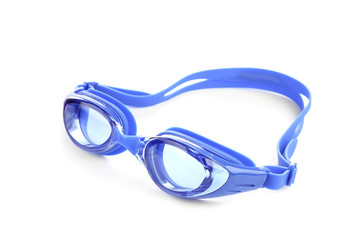 Blue swim goggles isolated on white. Beach object