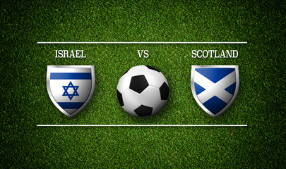 Football Match schedule, Israel vs Scotland, flags of countries and soccer ball - 3D rendering