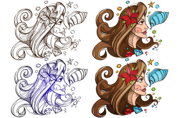Set of color and outline illustration with a portrait of a beautiful girl and shells. Profile of a woman with long hair. Drawing for the design of beauty salons, cosmetics.
