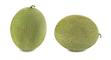 Two delicious, sweet cantaloupe melons isolated on white background with copy space for text or images. Side view. Close-up shot.