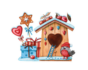 birdhouse with bullfinch bird and christmas gifts