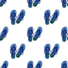 Watercolor flip flops seamless pattern. Hand Drawn flowers illustration