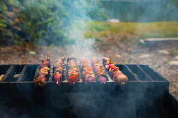 Selective focus of large barbecue grill with marinated fresh meat and vegetable skewers slowly cooking while smoke is filling the air 