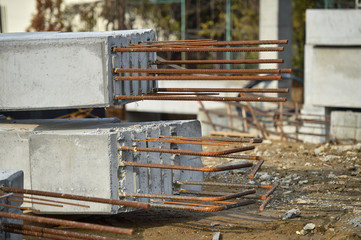 Detail with reinforcing iron bars on a construction site