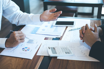 Business executive partner cooperation conference in investment ideas marketing planning and presentation finance project at meeting and strategy of business making to successful and growth profit