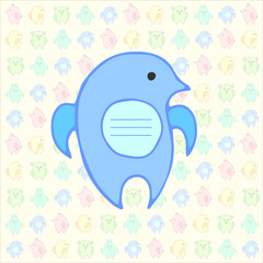 A large blue bird in the center and rainbow colored birds on a light yellow background