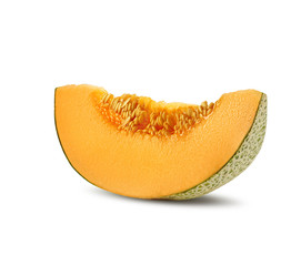 Slice of delicious cantaloupe melon in a cross-section, isolated on white background with copy...