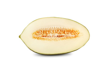 Half of delicious green tendral melon in cross-section, isolated on white background with copy space for text or images. Side view. Close-up shot.