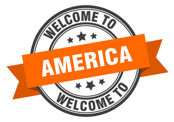 America stamp. welcome to America orange sign