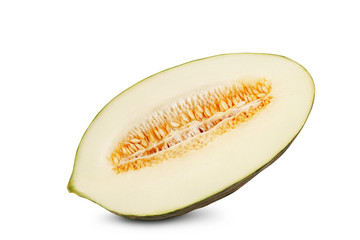 Half of delicious green tendral melon in cross-section, isolated on white background with copy space for text or images. Side view. Close-up shot.