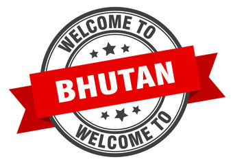 Bhutan stamp. welcome to Bhutan red sign