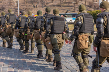 Policeman guards peaceful demonstration, law enforcement, police officer
