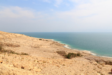 Salt lake Dead sea shore panorama in the west bank, Israel