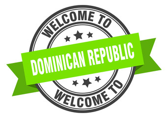 Dominican Republic stamp. welcome to Dominican Republic green sign