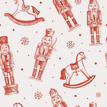 Seamless pattern with soldiers nutcrackers and rocking horses. New Year picture. It can be used to decorate holiday packages, wrapping paper, textiles. Vector illustration in engraving style.