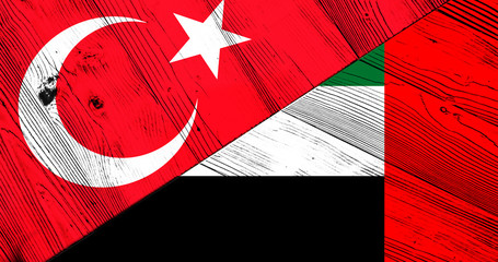 Flag of United Arab Emirates and Turkey on wooden planks