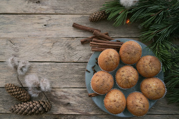 Cupcakes on a plate. Christmas background.