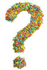 Question mark / sign made of colourful paper confetti isolated on white background