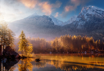 Wonderful Colorful Sunset at Hintersee Lake in Bavarian Alps. Awesome Alpine Highlands during...