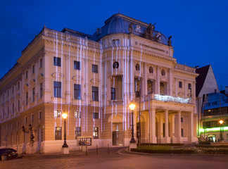 Fototapeta na wymiar Holiday decorations of Slovak national theatre at Hviezdoslav square (Hviezdoslavovo namestie) in Bratislava. Slovakia
