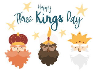 Vector illustration card for Happy Three Kings Day celebration. Cute cartoon character of three wise men.