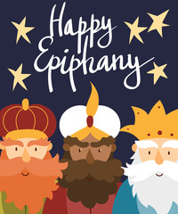 Vector illustration card for Happy Three Kings Day celebration. Cute cartoon character of three wise men.