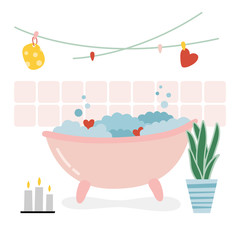 pink bath with warm water and bubbles, relaxing in the bath with candles