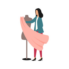 Fashion designer trying on fabric on a mannequin. Flat vector illustration. Woman holds in her hands a cut of textile for tailoring a dress. Seamstress in the atelier, workshop, sewing studio.