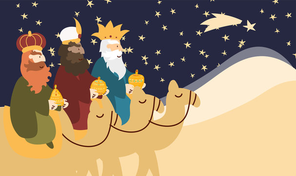Vector illustration card for Happy Three Kings Day celebration. Cute cartoon character of three wise men.