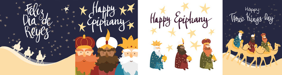 Vector illustration cards template set for Epiphany celebration. Cute cartoon character of three wise men. Caption translation: Happy Three Kings Day