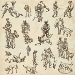 Dogs - dog training. Collection, pack of freehand sketches. Line art on old paper.