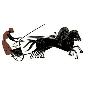 Ancient Greek charioteer riding a horse-drawn chariot. Vase painting racing motif.	